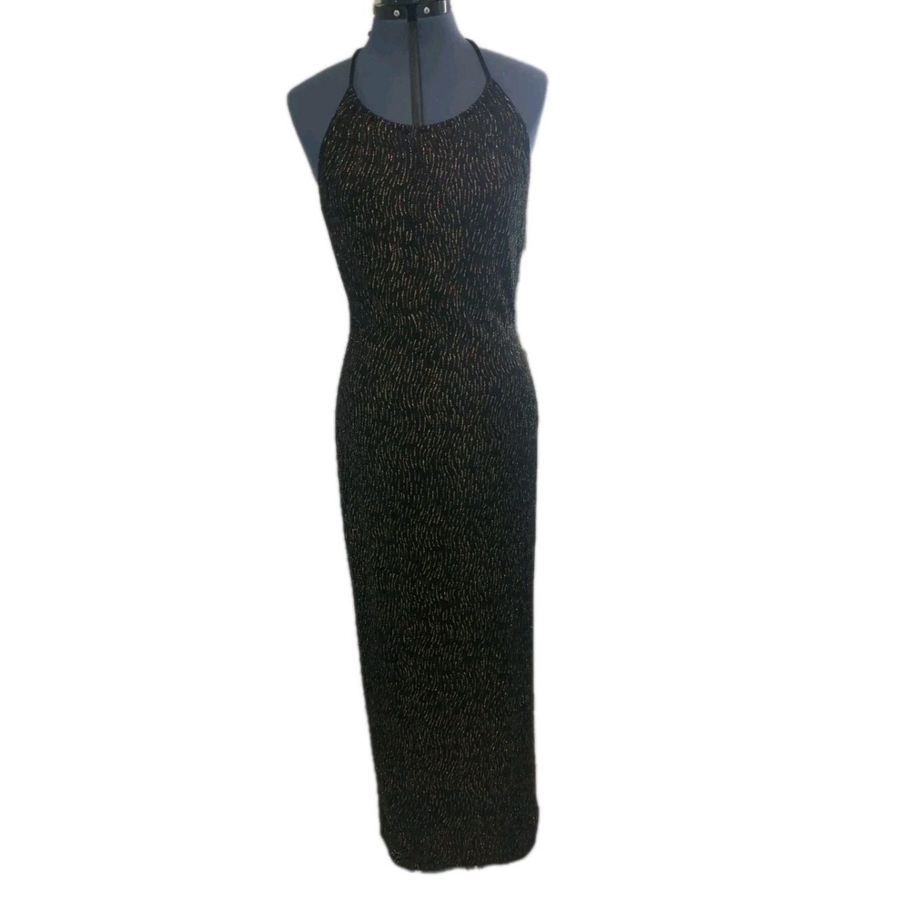 Vtg Nightway Black Stretchy Backless Sleeveless Mermaid Sheer Dress 10 Prom USA